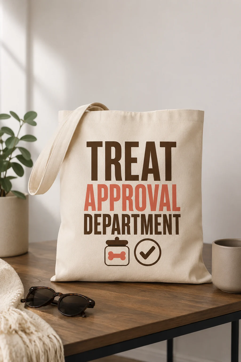 Treat Approval Department tote displayed in a coordinated collection with an unbranded accessory and home item