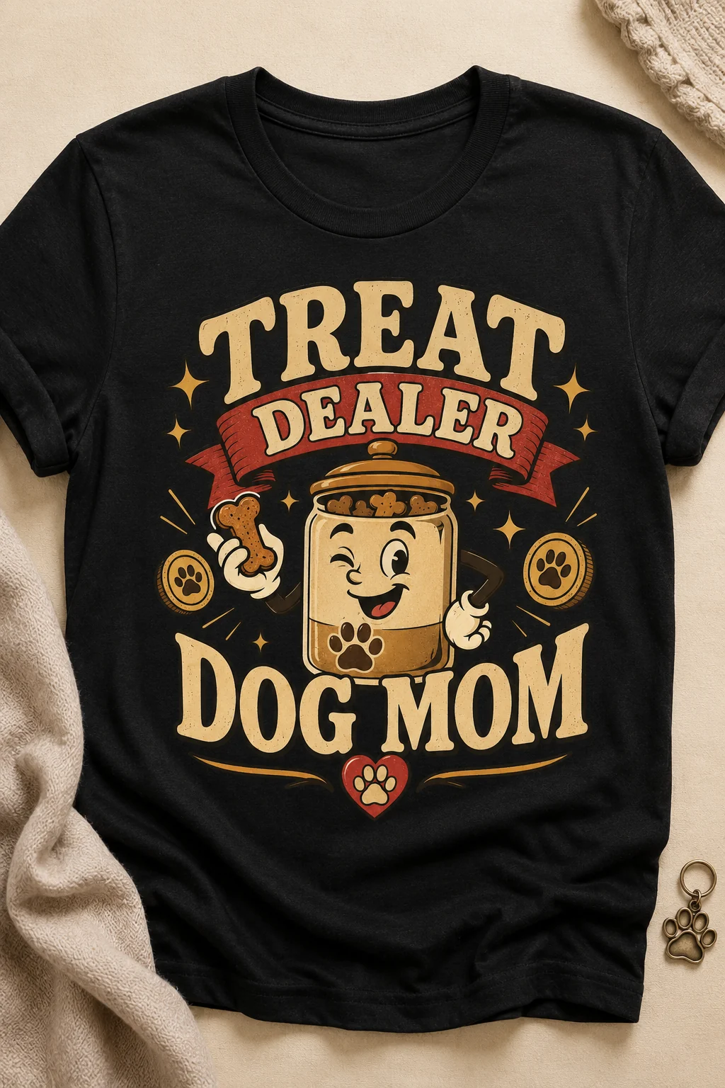 Treat Dealer Dog Mom t-shirt shown in a close product-focused layout with the retro badge design centered and readable