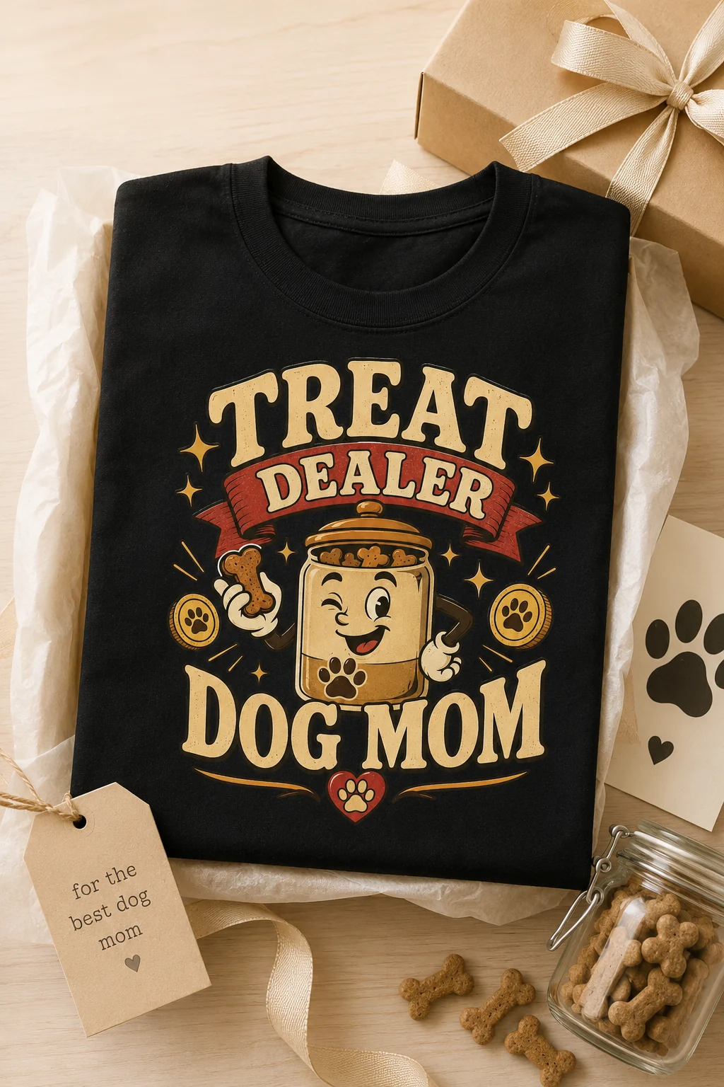 Treat Dealer Dog Mom t-shirt presented in a gift flat lay with wrapping, ribbon, a treat jar, and a paw-print card