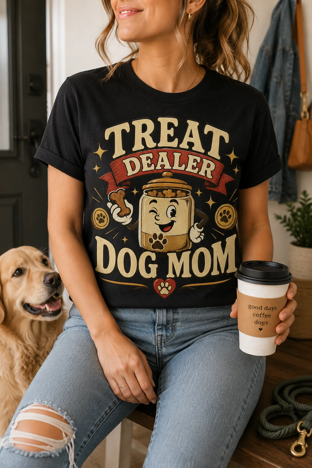 Treat Dealer Dog Mom t-shirt styled in a casual dog-walk outfit scene with a leash, coffee cup, sneakers, and denim