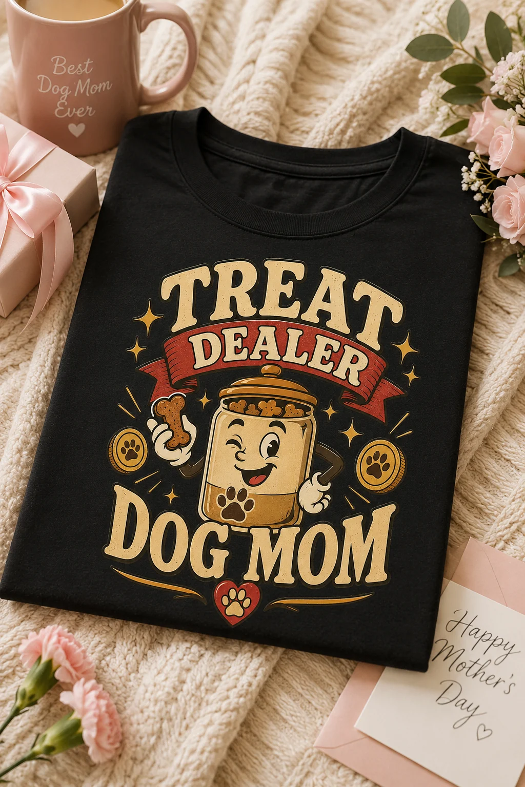 Treat Dealer Dog Mom t-shirt displayed in a seasonal gift scene with soft greenery, cozy fabric, gift wrap, and a warm mug