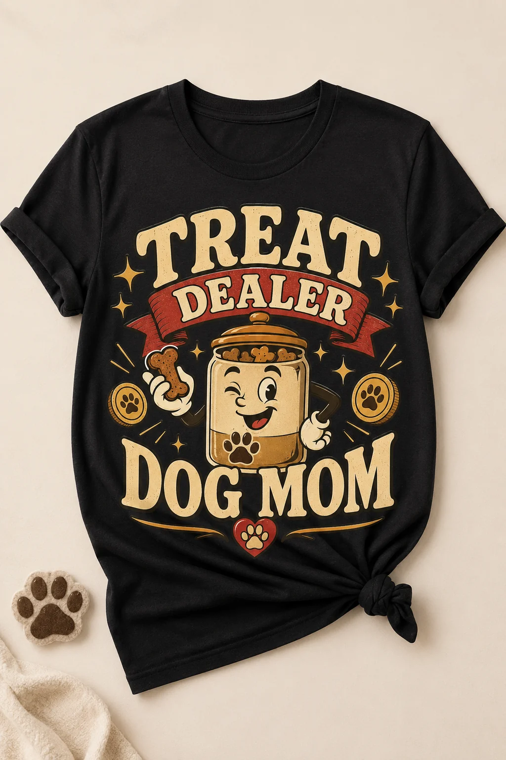 Treat Dealer Dog Mom t-shirt on a plain neutral background with the wording emphasized and a subtle paw-print prop nearby