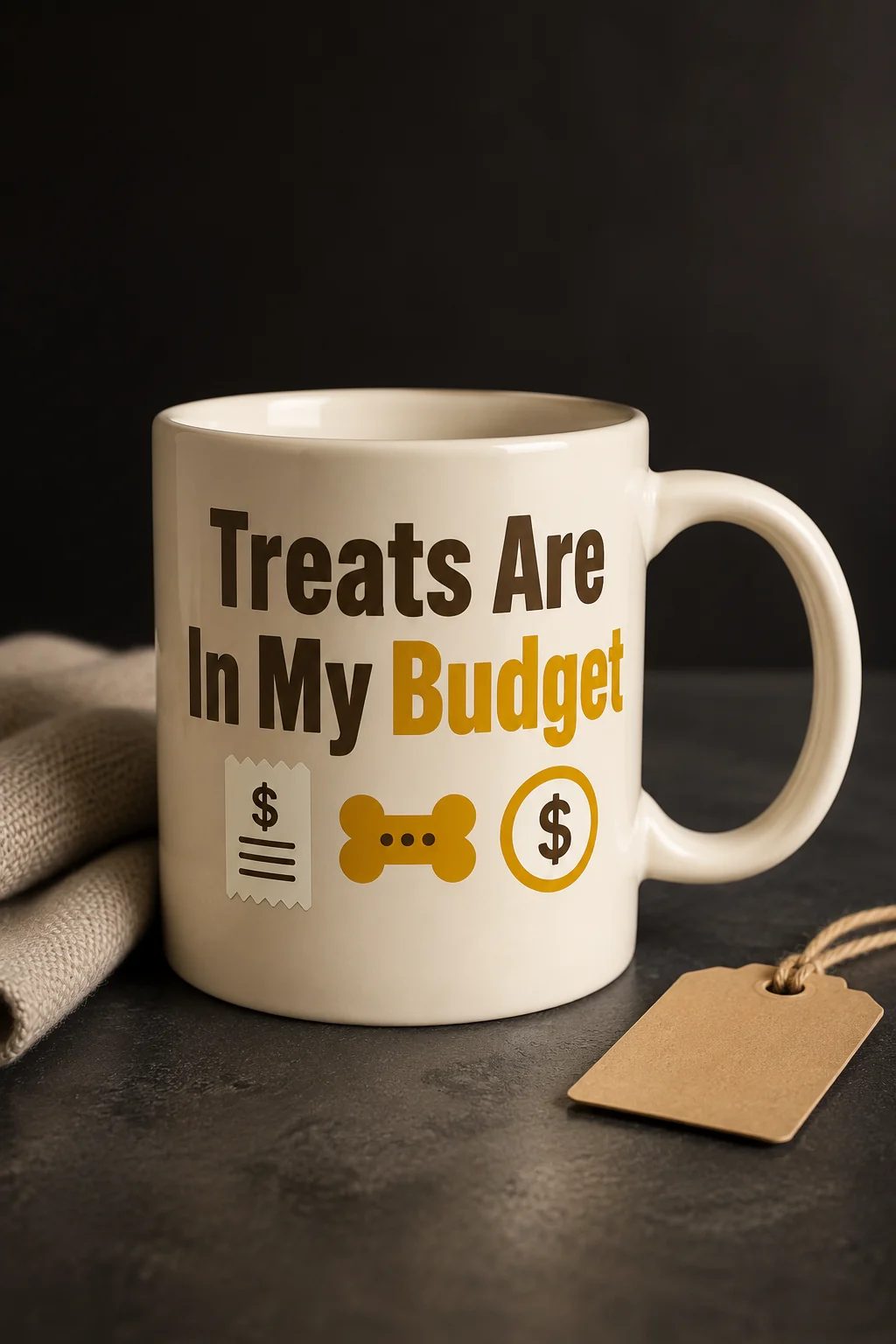 Dog mom mug printed with Treats Are In My Budget on a dark matte tabletop beside a folded textile and simple tag