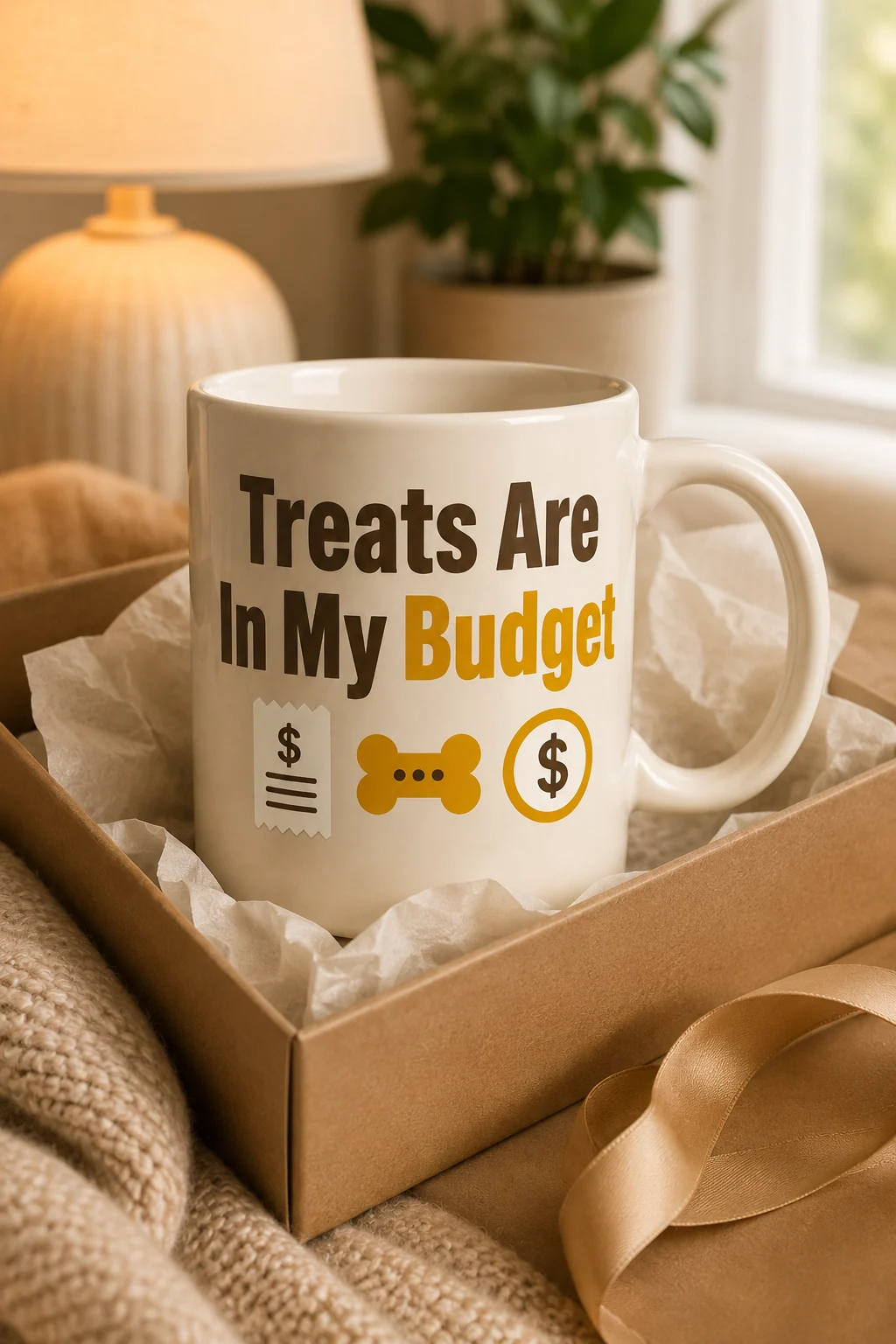 Treats Are In My Budget mug arranged in a cozy gift corner with an unbranded box and folded tissue