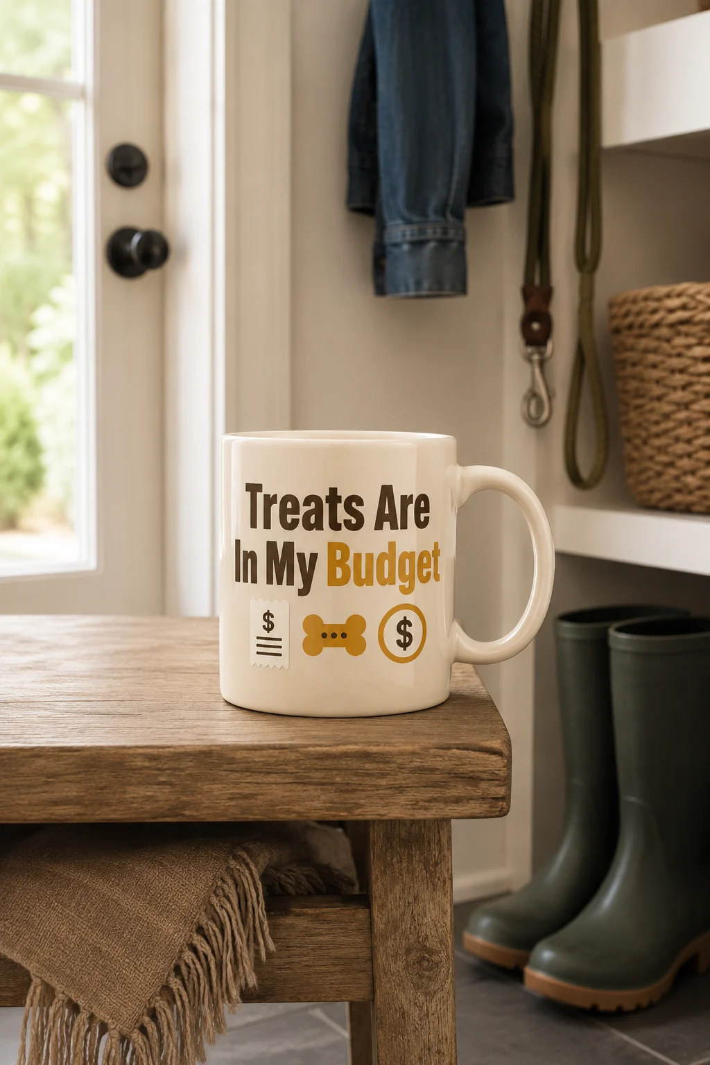 Dog mom mug displayed in a clean mudroom near boots, a leash, and a plain storage basket
