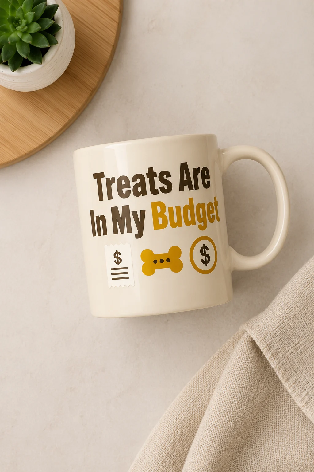Dog mom mug in a minimal shopping-board layout with two neutral supporting items and open space around the product