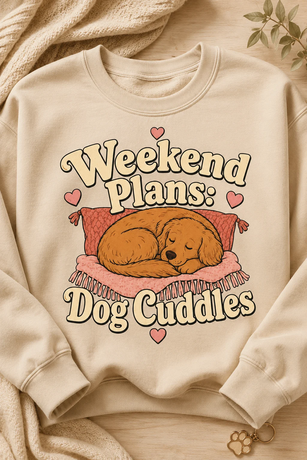 Close-up of a sweatshirt displaying the words Weekend Plans: Dog Cuddles on a warm neutral studio surface with minimal dog-themed accents