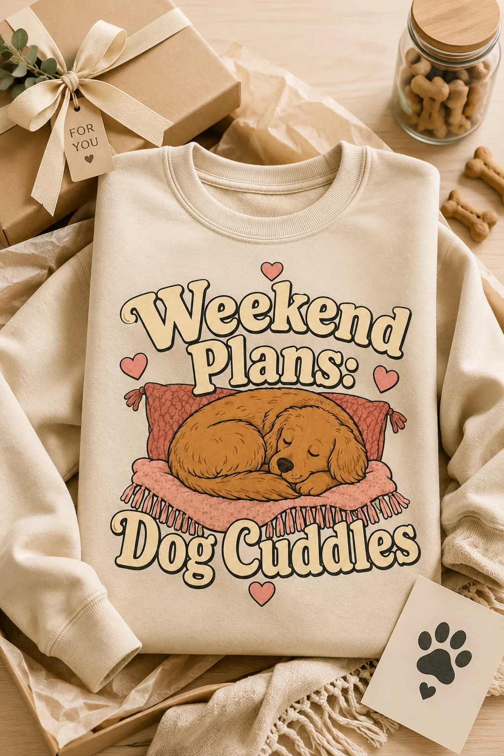 Weekend Plans: Dog Cuddles sweatshirt arranged as a gift with a kraft box, ribbon, dog treat jar, paw-print card, and tissue paper