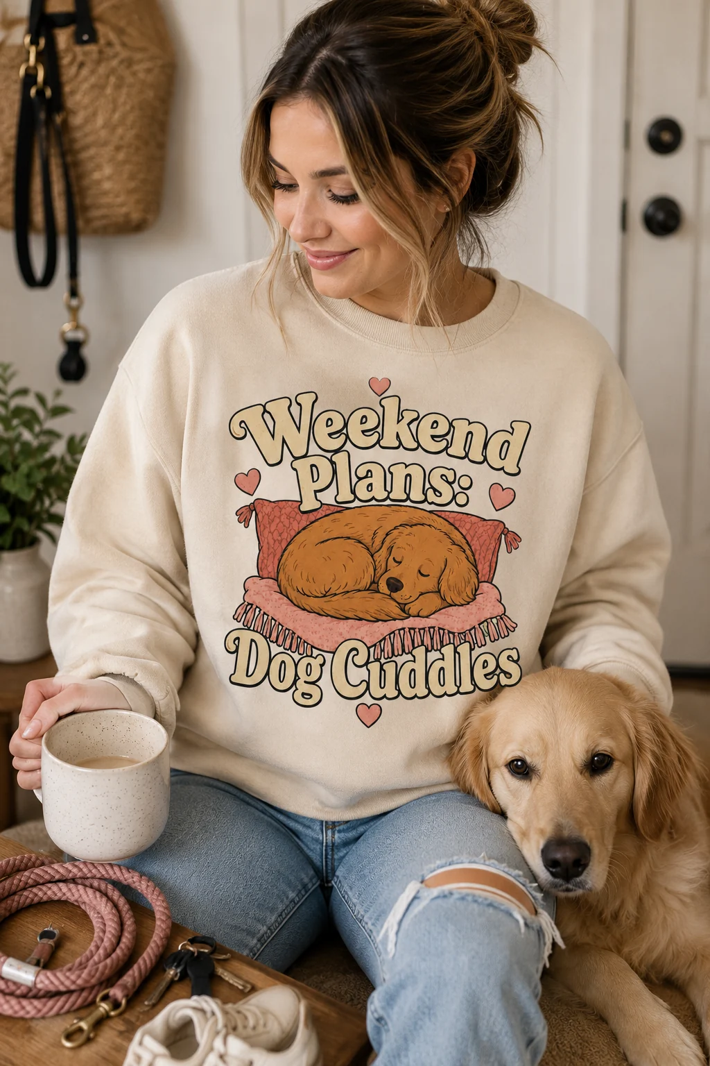 Casual lifestyle arrangement featuring the dog cuddle sweatshirt with a leash, coffee cup, neutral sneakers, and denim