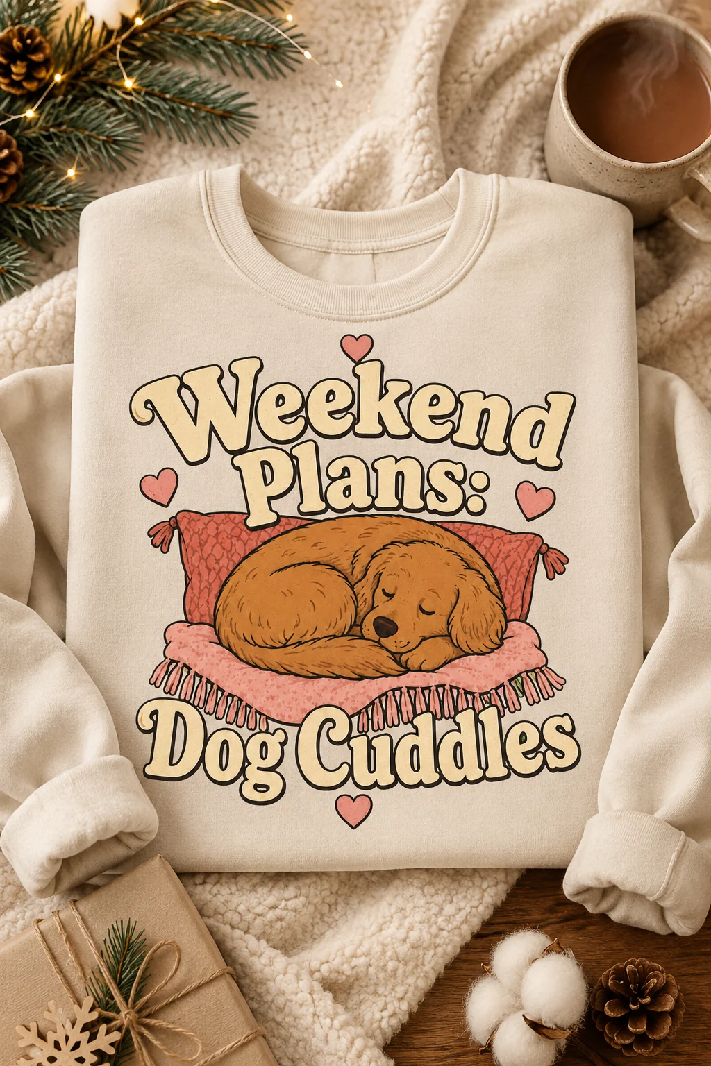 Dog mom sweatshirt in a cozy seasonal gift scene with a folded blanket, warm mug, gift wrap, and subtle greenery