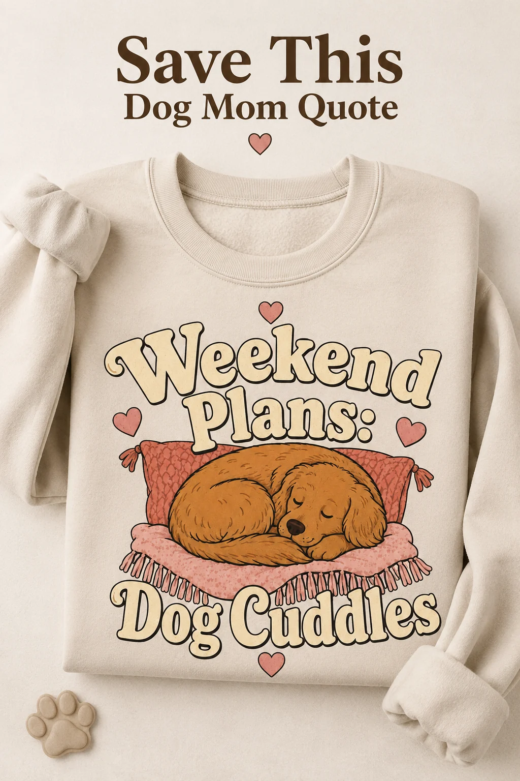 Front-facing Weekend Plans: Dog Cuddles sweatshirt on a plain neutral background with soft fabric texture and a subtle paw-print accent