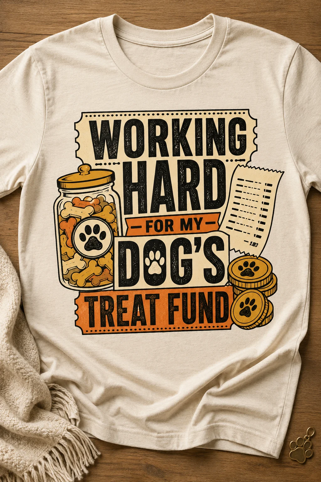 Cream T-shirt laid on a wooden surface with the Working Hard For My Dog’s Treat Fund design, a neutral throw, and a small paw-shaped charm