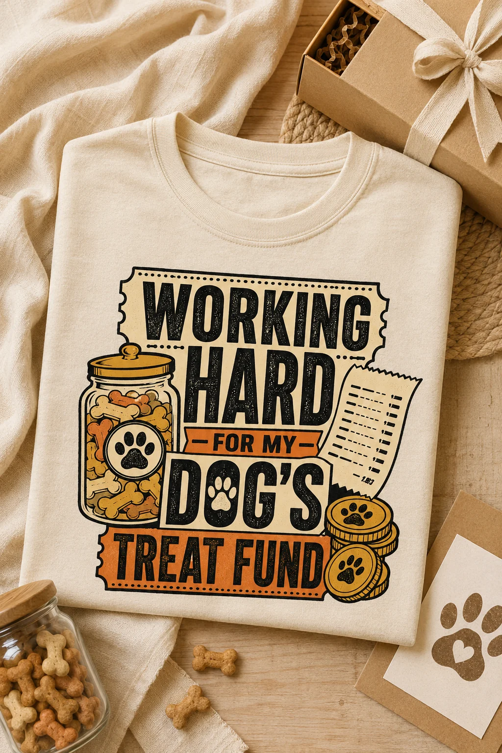 Folded cream graphic T-shirt arranged as a gift with a kraft box, fabric ribbon, dog treats, a glass treat jar, and a paw-print card