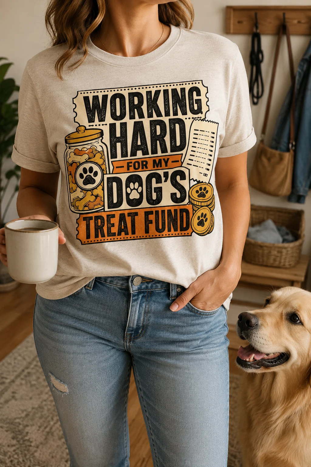 Woman wearing the cream treat fund T-shirt with blue jeans while holding a mug beside a golden retriever in a home entryway