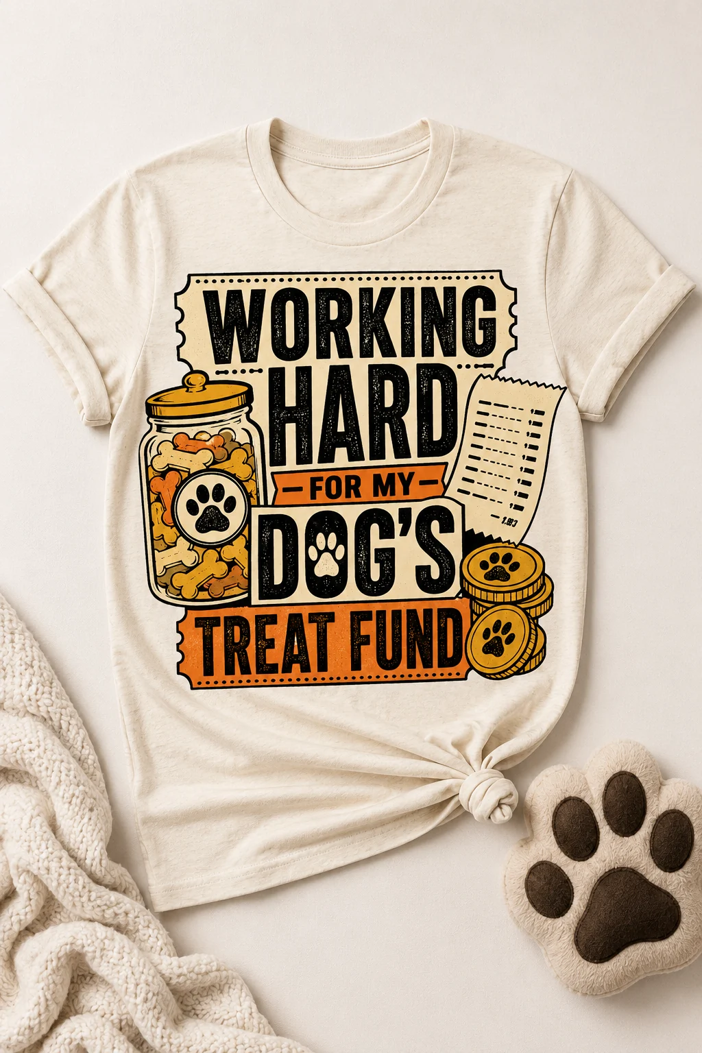 Knotted cream T-shirt displayed on a light neutral surface with the treat fund graphic centered, a soft blanket, and a plush paw-shaped cushion